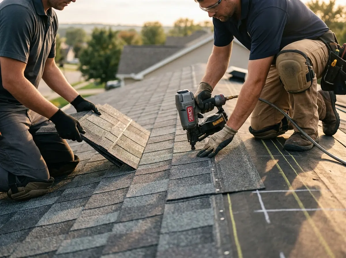 Professional roofer working on a residential roof in Anthony
